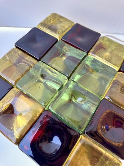 Contemporary Pair of Brass and Murano Glass Cube Marquetry Lamps Italy