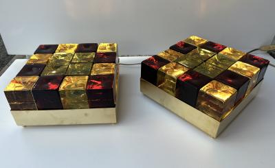 Contemporary Pair of Brass and Murano Glass Cube Marquetry Lamps Italy