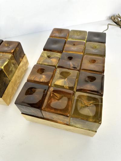 Contemporary Pair of Brass and Murano Glass Cube Marquetry Lamps Italy