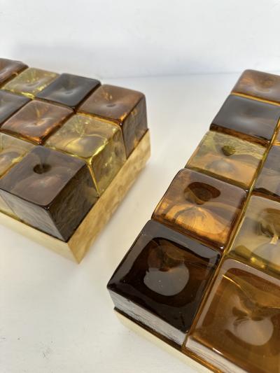 Contemporary Pair of Brass and Murano Glass Cube Marquetry Lamps Italy