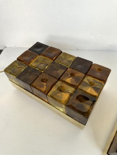 Contemporary Pair of Brass and Murano Glass Cube Marquetry Lamps Italy