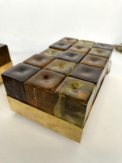 Contemporary Pair of Brass and Murano Glass Cube Marquetry Lamps Italy