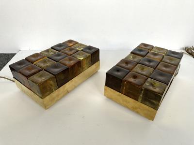 Contemporary Pair of Brass and Murano Glass Cube Marquetry Lamps Italy