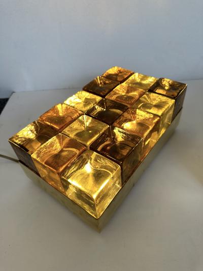 Contemporary Pair of Brass and Murano Glass Cube Marquetry Lamps Italy