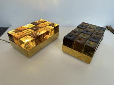 Contemporary Pair of Brass and Murano Glass Cube Marquetry Lamps Italy