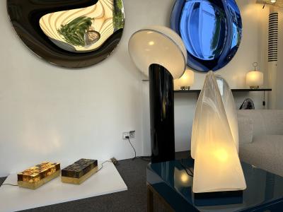 Contemporary Pair of Brass and Murano Glass Cube Marquetry Lamps Italy