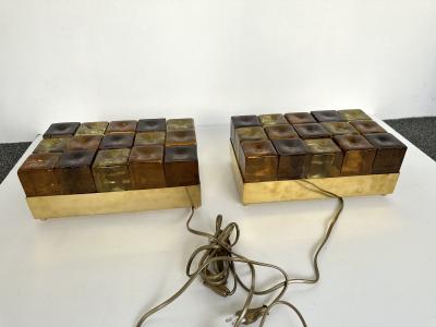 Contemporary Pair of Brass and Murano Glass Cube Marquetry Lamps Italy