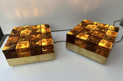 Contemporary Pair of Brass and Murano Glass Cube Marquetry Lamps Italy