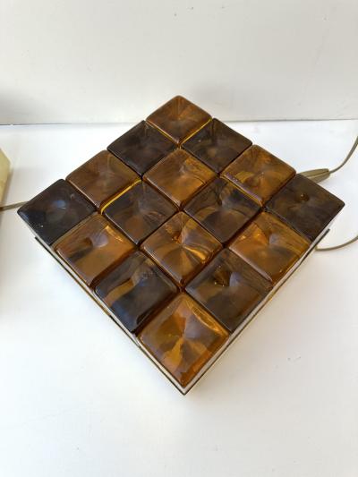 Contemporary Pair of Brass and Murano Glass Cube Marquetry Lamps Italy