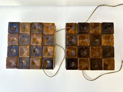 Contemporary Pair of Brass and Murano Glass Cube Marquetry Lamps Italy