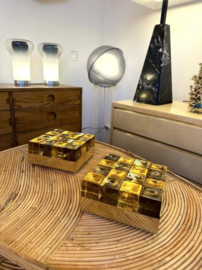 Contemporary Pair of Brass and Murano Glass Cube Marquetry Lamps Italy
