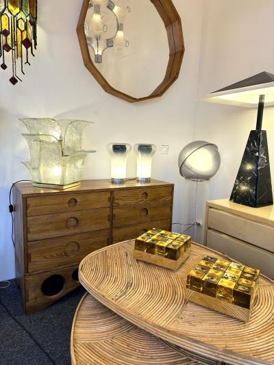 Contemporary Pair of Brass and Murano Glass Cube Marquetry Lamps Italy