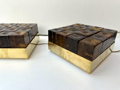 Contemporary Pair of Brass and Murano Glass Cube Marquetry Lamps Italy