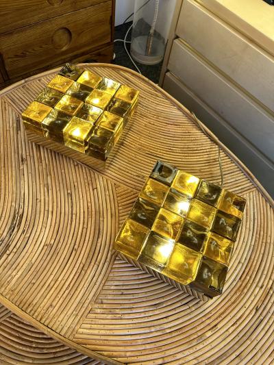 Contemporary Pair of Brass and Murano Glass Cube Marquetry Lamps Italy