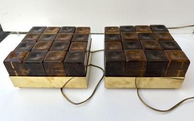 Contemporary Pair of Brass and Murano Glass Cube Marquetry Lamps Italy