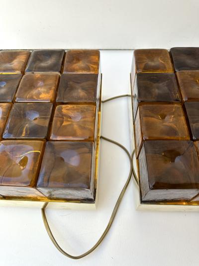 Contemporary Pair of Brass and Murano Glass Cube Marquetry Lamps Italy