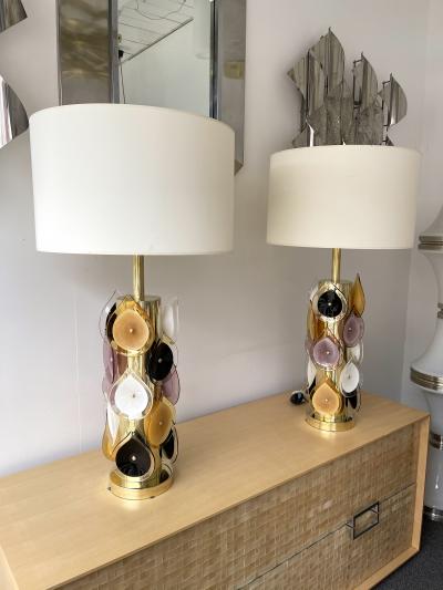 Contemporary Pair of Brass and Murano Glass Flame Lamps Italy