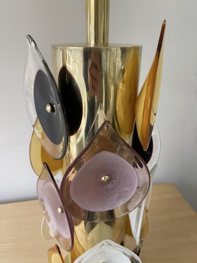 Contemporary Pair of Brass and Murano Glass Flame Lamps Italy