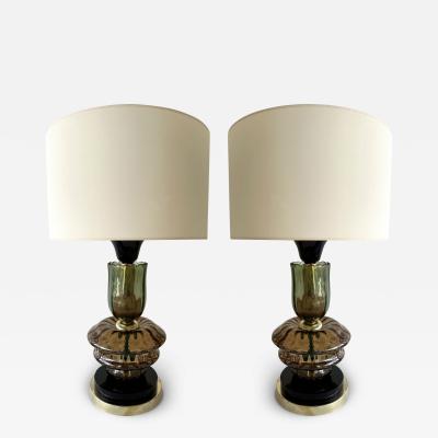 Contemporary Pair of Brass and Murano Glass Flower Lamps Italy