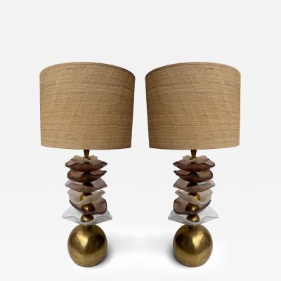 Contemporary Pair of Brass and Murano Glass Flower Lamps Italy