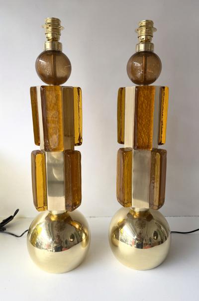 Contemporary Pair of Brass and Murano Glass Lamps Italy