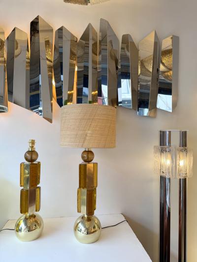 Contemporary Pair of Brass and Murano Glass Lamps Italy