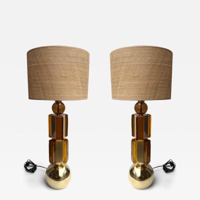 Contemporary Pair of Brass and Murano Glass Lamps Italy