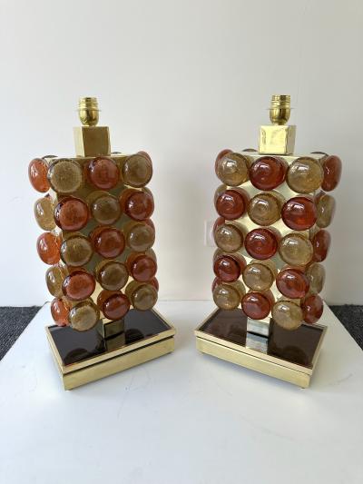 Contemporary Pair of Brass and Murano Glass Macaroons Lamps Italy
