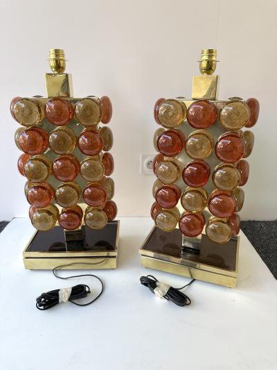 Contemporary Pair of Brass and Murano Glass Macaroons Lamps Italy