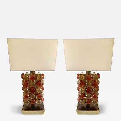 Contemporary Pair of Brass and Murano Glass Macaroons Lamps Italy