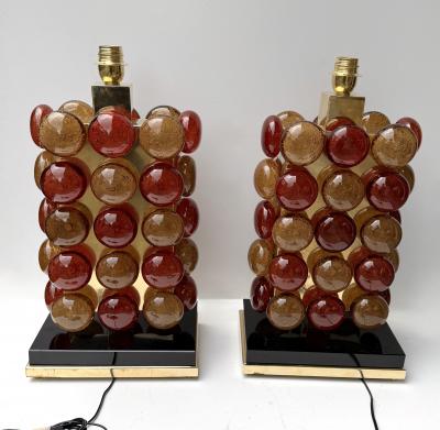 Contemporary Pair of Brass and Murano Glass Macaroons Lamps Italy