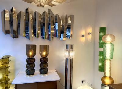Contemporary Pair of Brass and Murano Glass Smoke Honeycomb Shades Lamps Italy