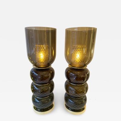 Contemporary Pair of Brass and Murano Glass Smoke Honeycomb Shades Lamps Italy