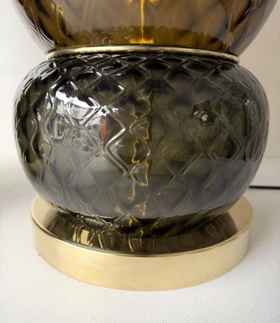 Contemporary Pair of Brass and Murano Glass Smoke Honeycomb Shades Lamps Italy