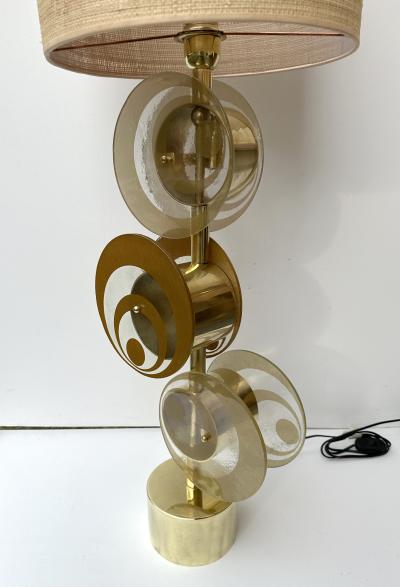 Contemporary Pair of Brass and Murano Glass Spiral Disc Lamps Italy