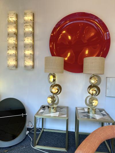 Contemporary Pair of Brass and Murano Glass Spiral Disc Lamps Italy