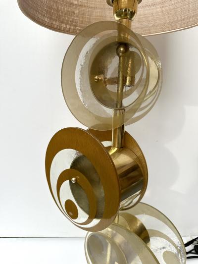 Contemporary Pair of Brass and Murano Glass Spiral Disc Lamps Italy