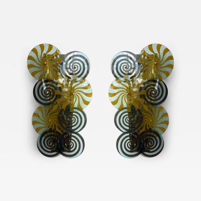 Contemporary Pair of Brass and Murano Glass Spiral Sconces Italy