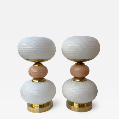 Contemporary Pair of Brass and Murano Glass Textured Bulb Lamps Italy