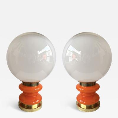 Contemporary Pair of Brass and Orange Murano Glass Bulbs Lamps Italy