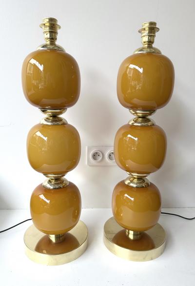 Contemporary Pair of Brass and Orange Murano Glass Bulbs Lamps Italy