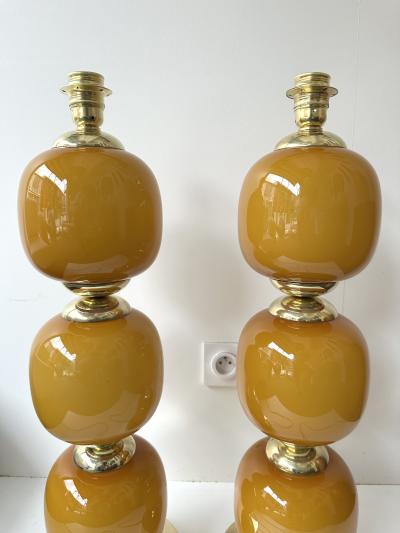 Contemporary Pair of Brass and Orange Murano Glass Bulbs Lamps Italy