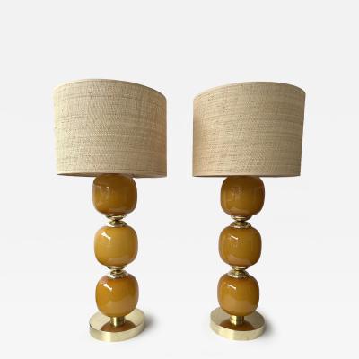 Contemporary Pair of Brass and Orange Murano Glass Bulbs Lamps Italy