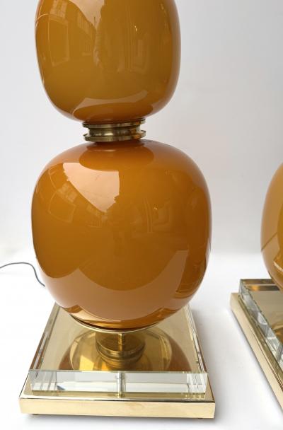 Contemporary Pair of Brass and Orange Murano Glass Bulbs Lamps Italy