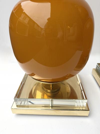 Contemporary Pair of Brass and Orange Murano Glass Bulbs Lamps Italy