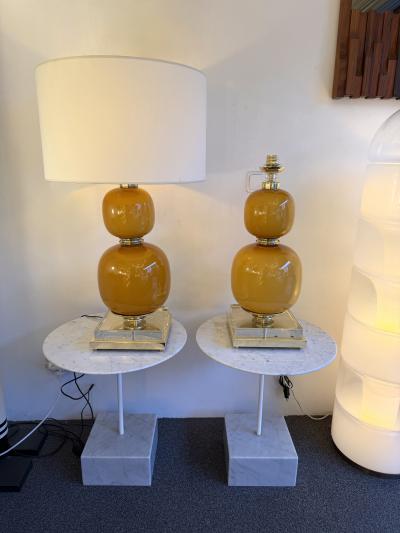 Contemporary Pair of Brass and Orange Murano Glass Bulbs Lamps Italy