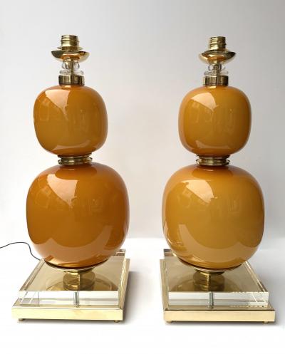 Contemporary Pair of Brass and Orange Murano Glass Bulbs Lamps Italy