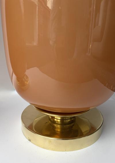 Contemporary Pair of Brass and Peach Murano Glass Black Shades Lamps Italy