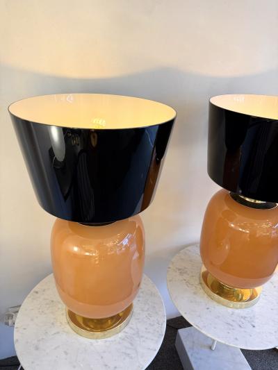 Contemporary Pair of Brass and Peach Murano Glass Black Shades Lamps Italy