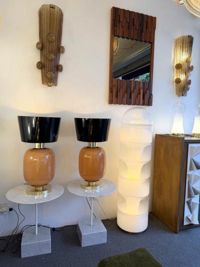 Contemporary Pair of Brass and Peach Murano Glass Black Shades Lamps Italy